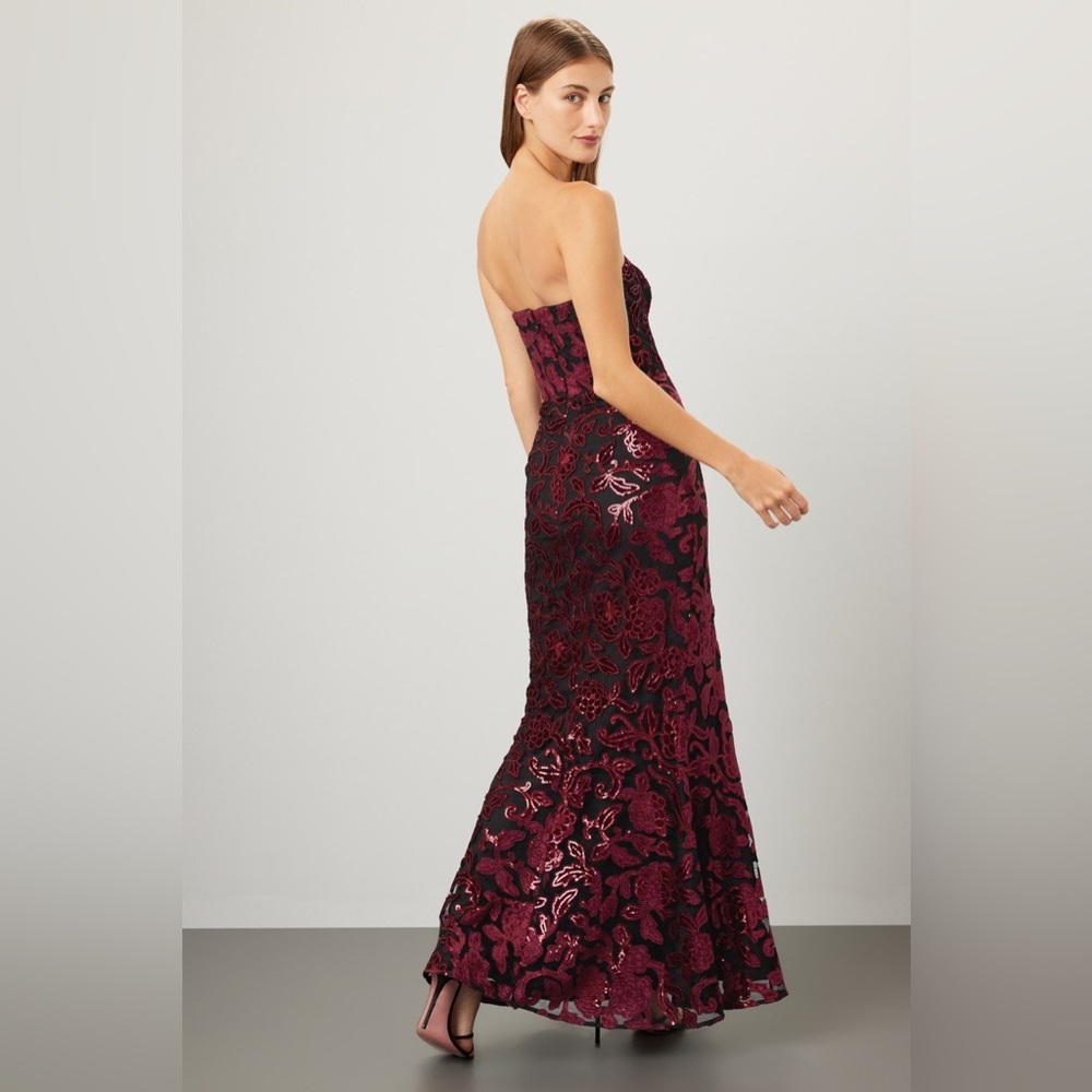 Dress the Population Black Floral Corset Gown Formal Sequin mermaid burgundy L - Picture 3 of 8